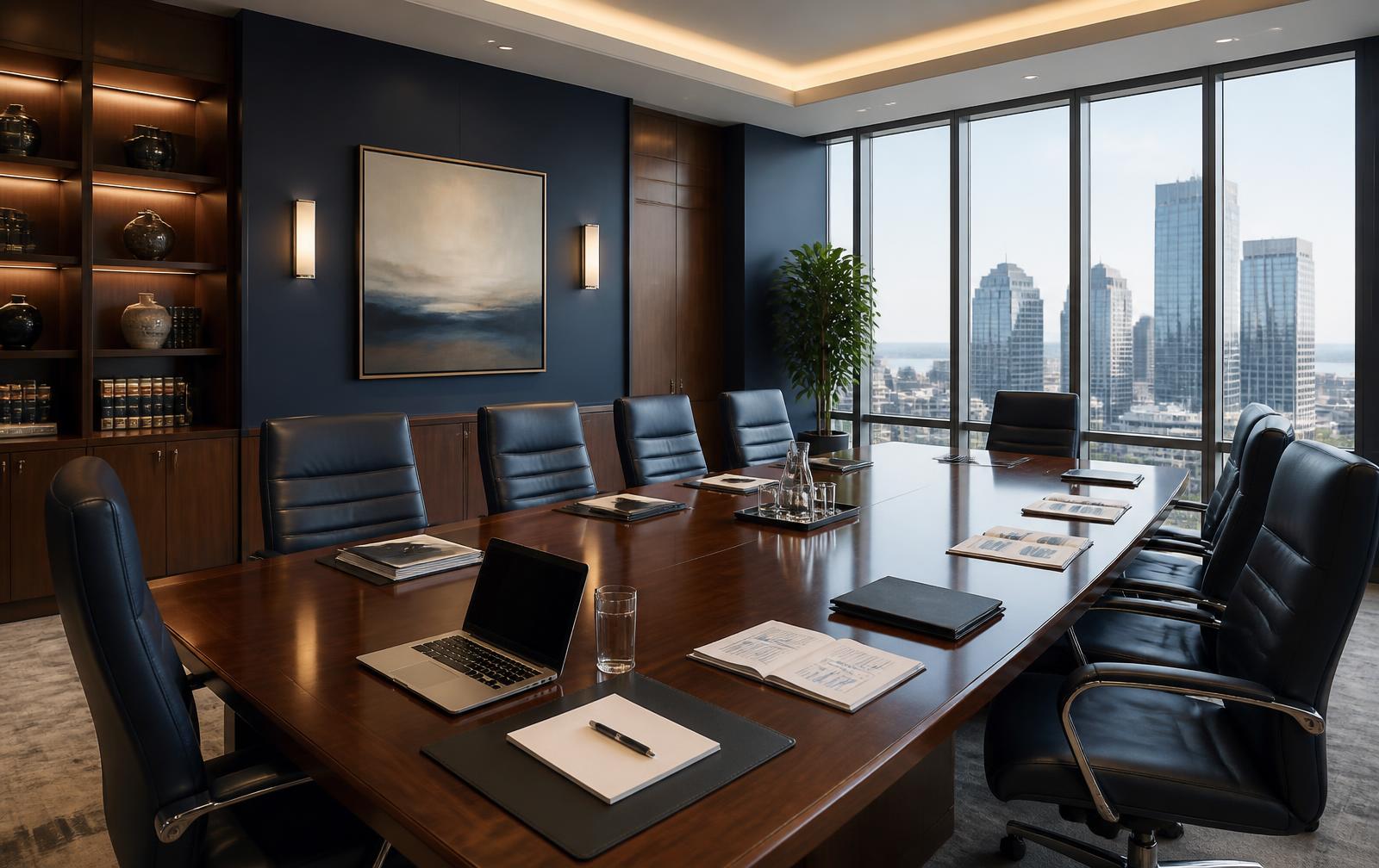 Accounting firm boardroom overlooking a city skyline